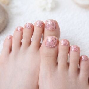 Pink Glitter Press On Toenails Short Square Sparkle False Toe Nails 24pc
